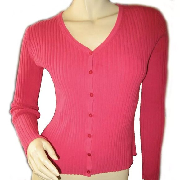 Vintage Y2K 90s Express Cardigan Sweater V-Neck Button Up Long Sleeve Neon Pink - Picture 1 of 9